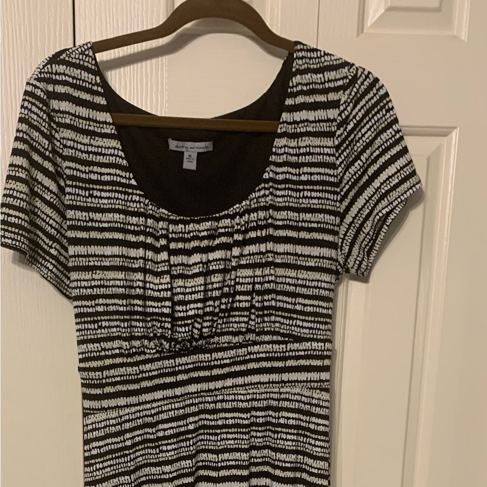 Medi length Dress by Danny and Nicole XL. Black & tan stripes , gathered bodice